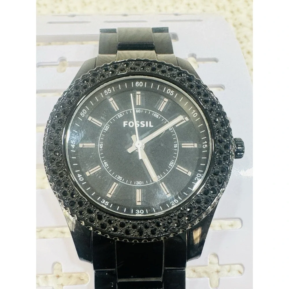 Fossil Black Crystal Bezel Stainless Steel Watch Untested